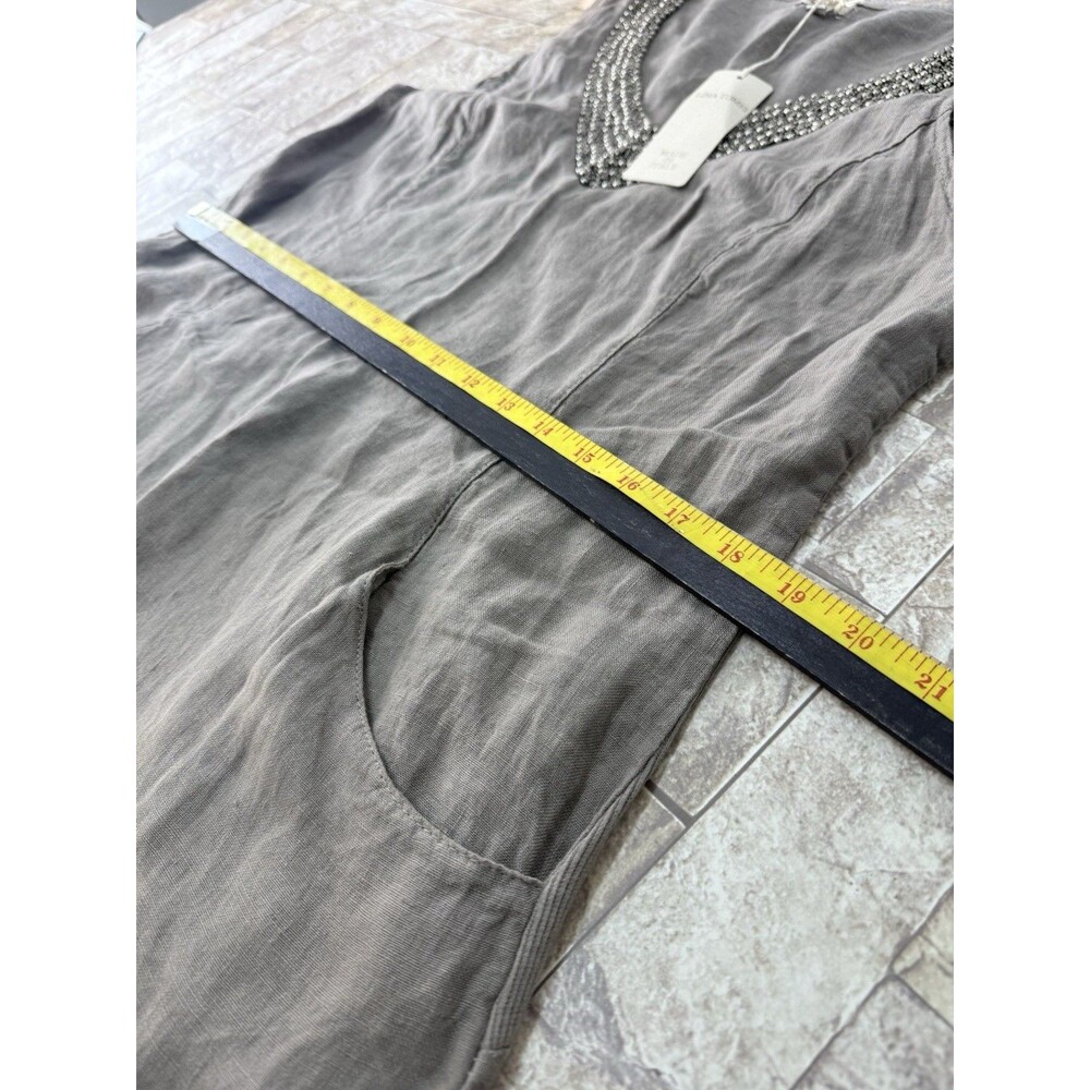 Lina Tomei Italy 100% Linen  Women Dress L Gray Beaded Sleeveless Shift V Neck - Picture 12 of 14